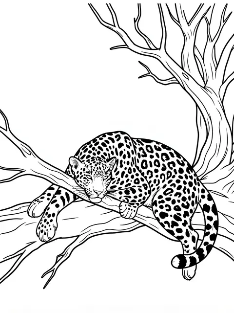 Black and white bold line art of a leopard lounging across bare tree branches for a coloring page