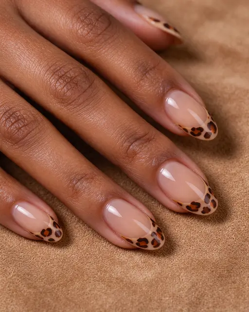 Close-up of a deep brown skin hand with leopard print almond nails resting on tan suede