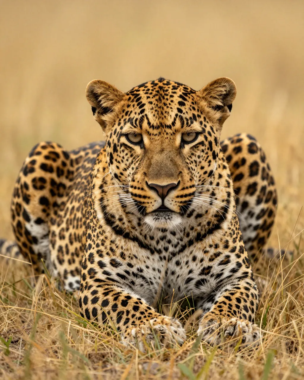 A leopard lies in dry golden savanna grass looking directly at the camera