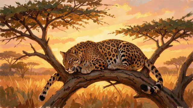 A leopard rests curled across an acacia tree branch over savanna grass under warm golden sunset light.