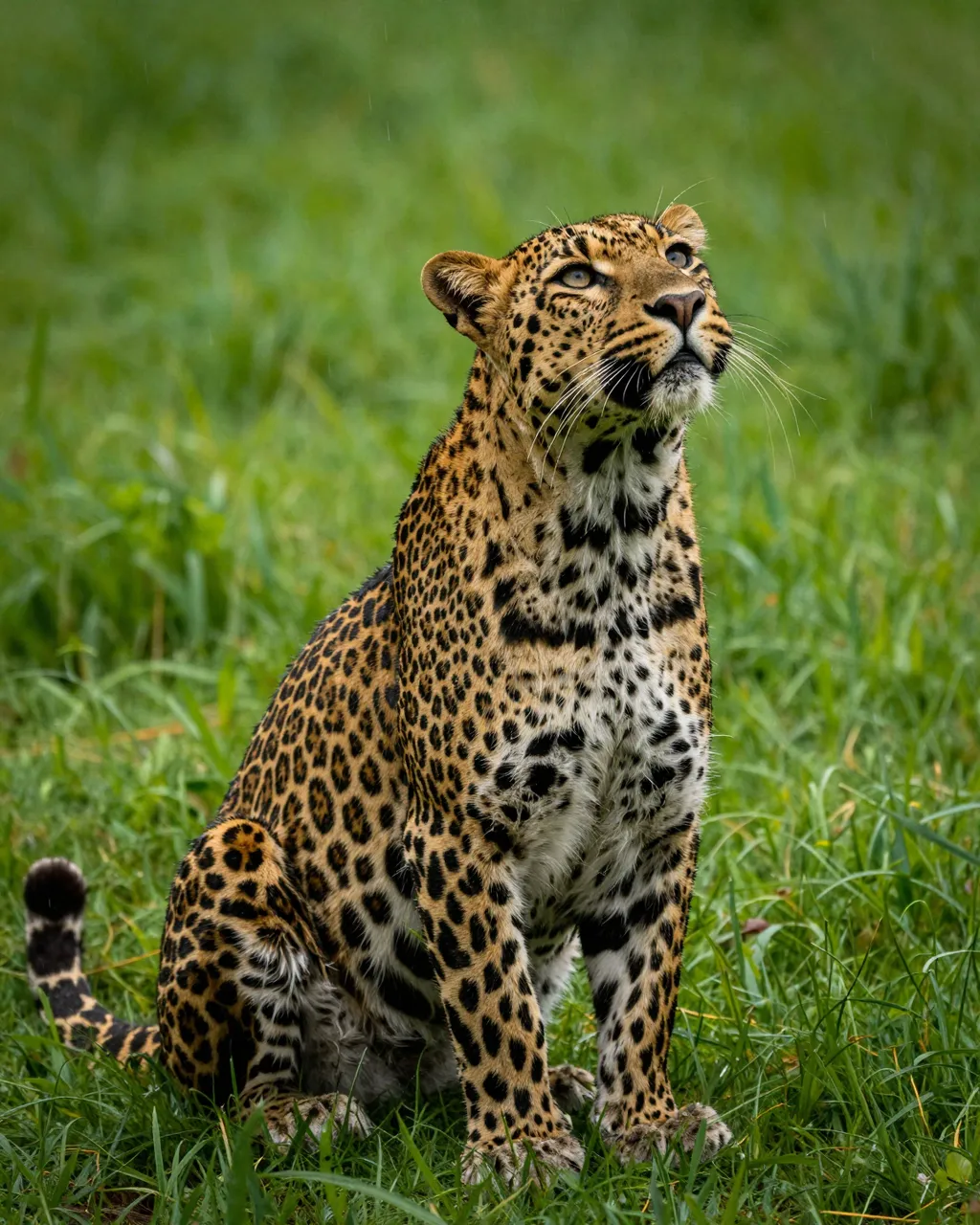 A wet-furred leopard sits upright in green grass looking up at something above it