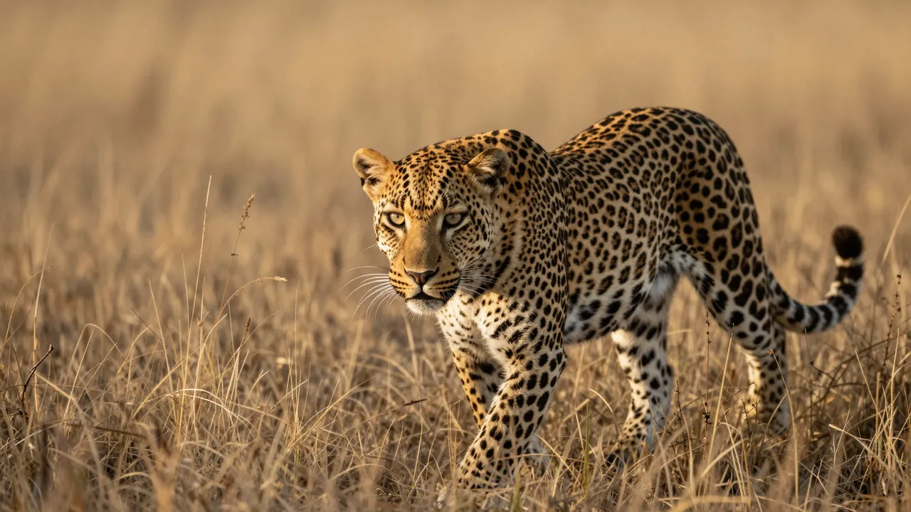 A leopard stalks low through tall dry savanna grass in warm late afternoon light