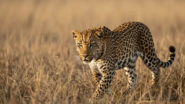 A leopard stalks low through tall dry savanna grass in warm late afternoon light