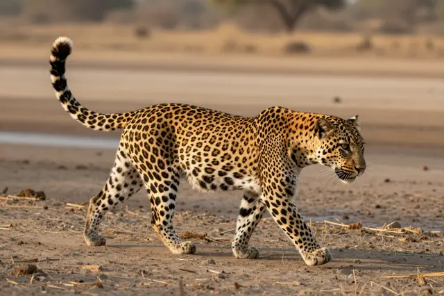 A side view of a leopard with its tail raised walking across a dry sandy riverbed at golden dawn