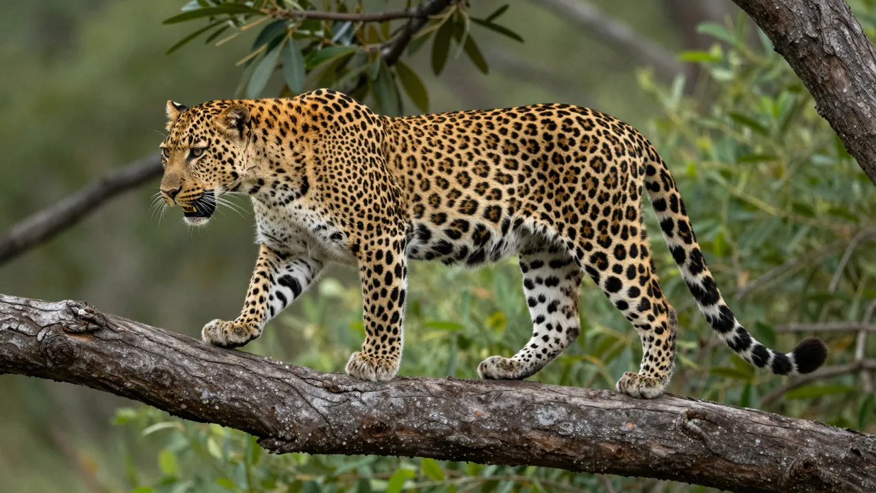 A leopard walks slowly across a thick horizontal tree branch surrounded by green foliage