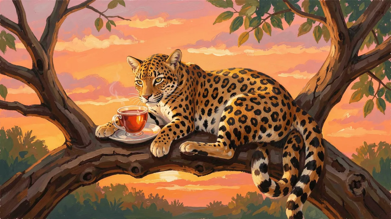 Gouache painting of a cute leopard lounging on a thick tree branch beside a teacup at warm sunset