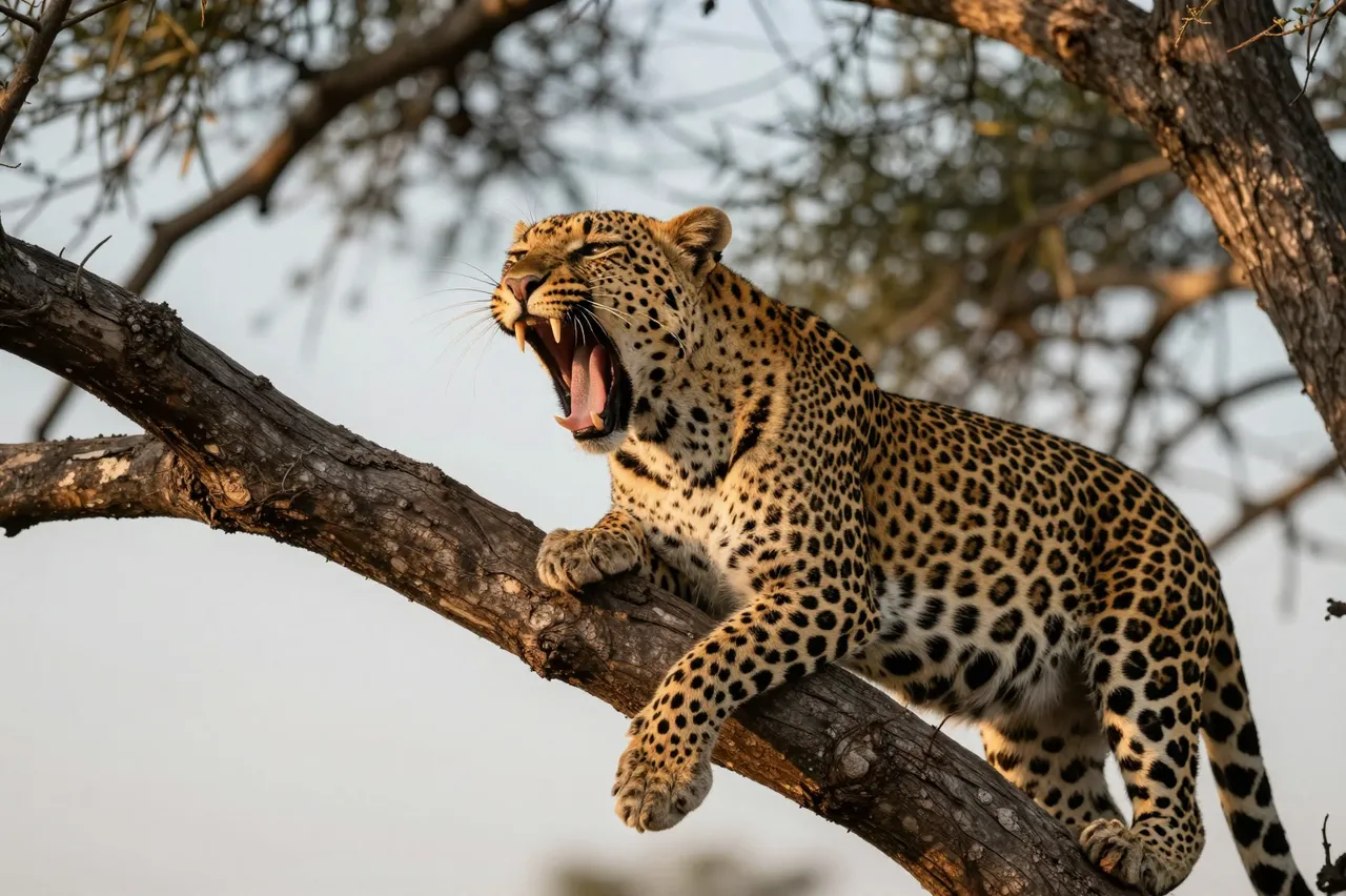A spotted leopard yawns showing long fangs while resting on a thick acacia branch in warm morning light