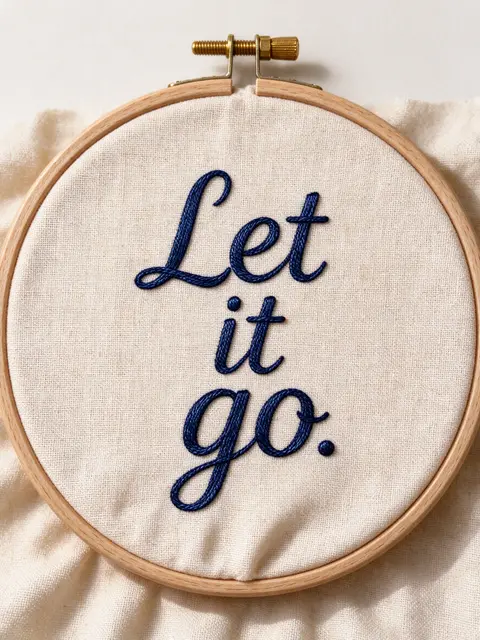 Navy embroidered "Let it go." lettering stitched on natural linen in a wooden embroidery hoop