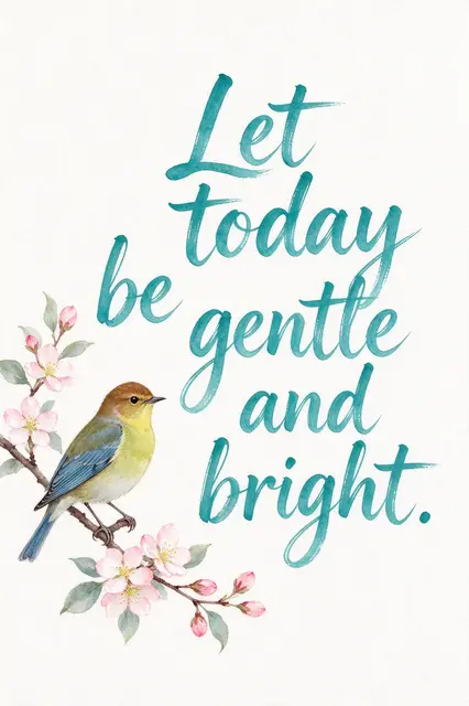Watercolor illustration of a songbird on a blossoming pink branch beside teal hand lettering that reads "Let today be gentle