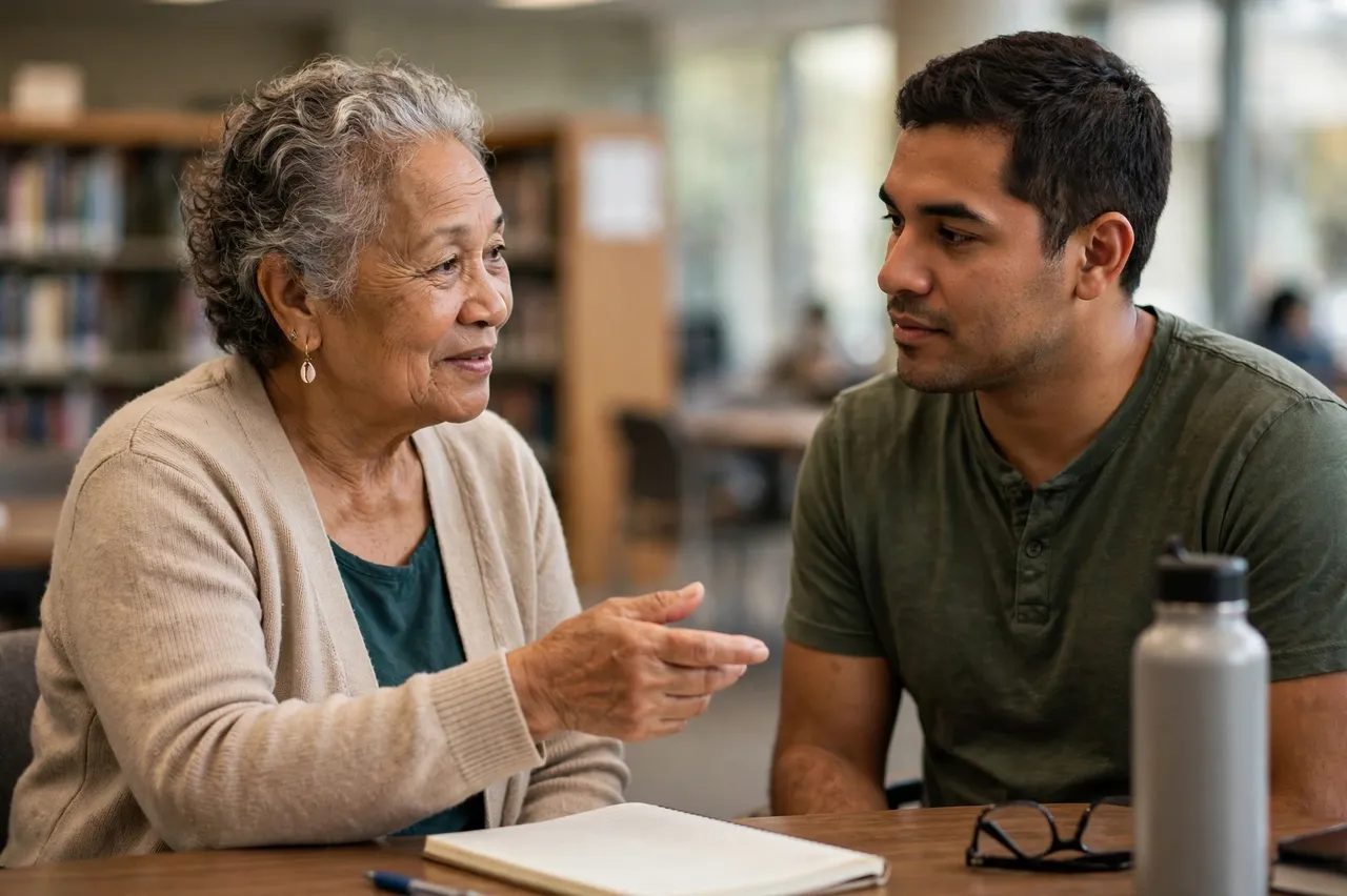 An older Pacific Islander woman gestures while discussing with a younger Latino man at a wooden library table.
