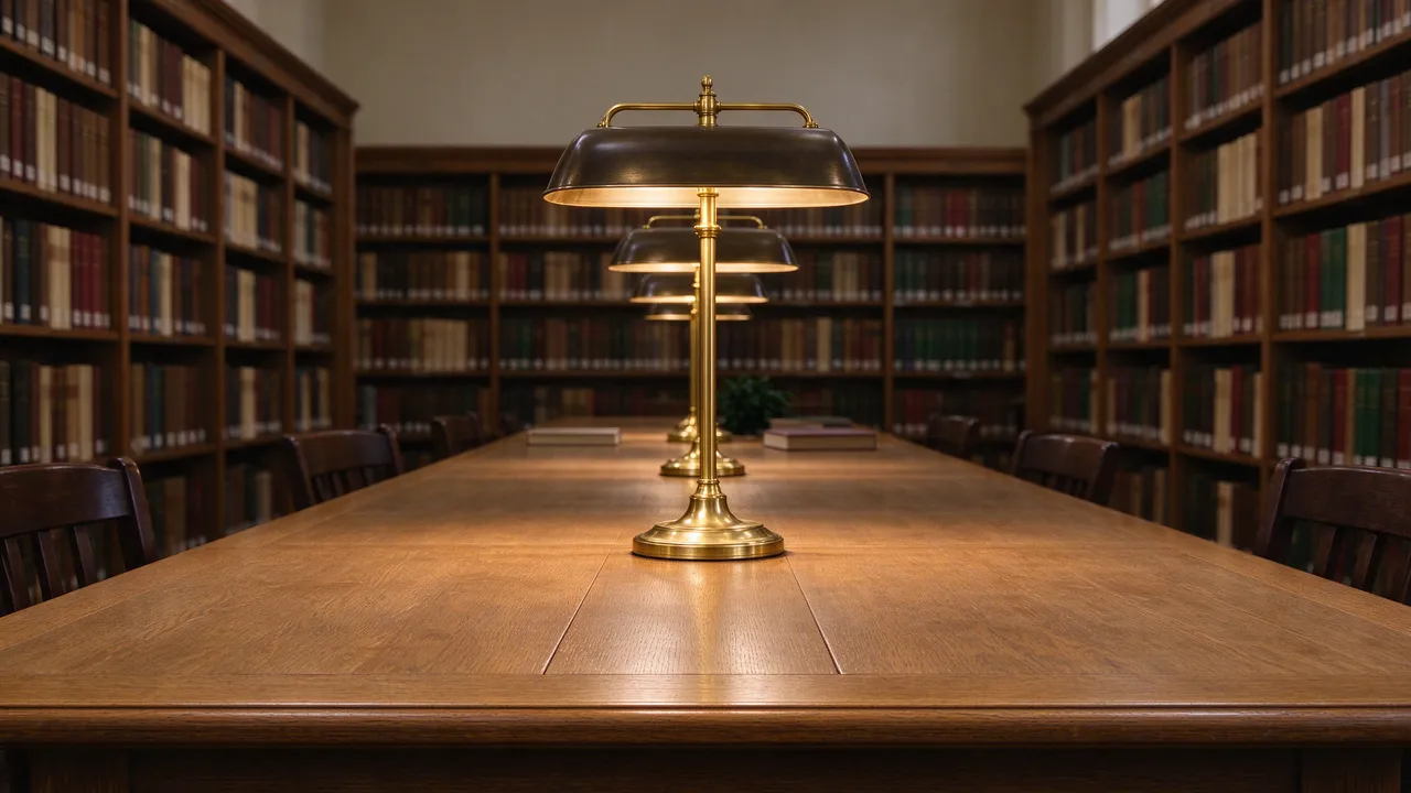 Long oak library reading table lined with lit brass lamps, flanked by bookshelves and empty wooden chairs.