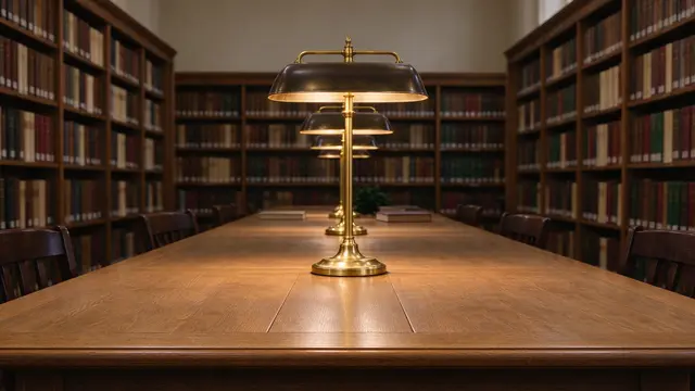 Long oak library reading table lined with lit brass lamps, flanked by bookshelves and empty wooden chairs.