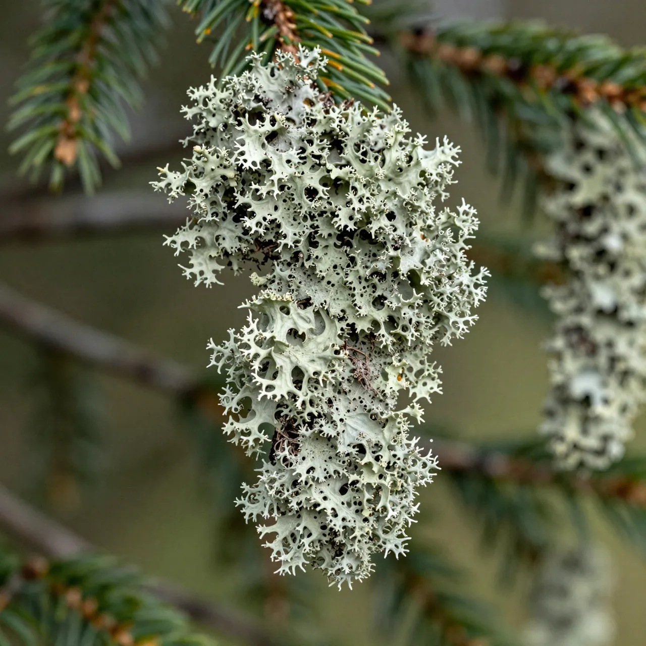 Close up of pale intricate green lichen growing on spruce tree needles and branches