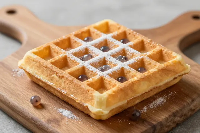 A golden square waffle dusted with powdered sugar and topped with dark pearl beads rests on a wooden serving board over a