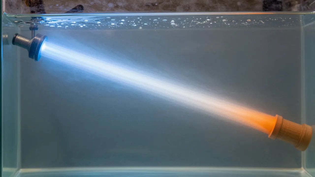 A graduated light beam travels through cloudy water inside a clear glass tank