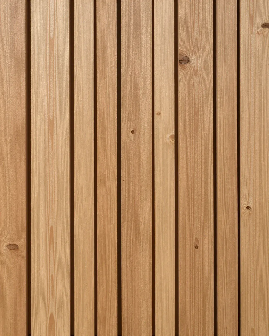 Full frame close-up of straight grained light fir wood planks with narrow gaps between slats