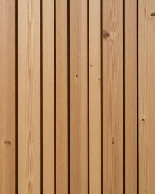 Full frame close-up of straight grained light fir wood planks with narrow gaps between slats