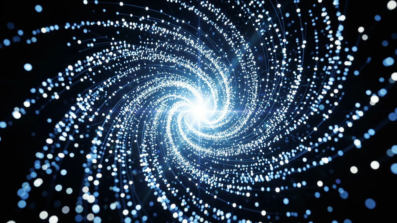 A swirling spiral of glowing blue and white light particles converges on a bright central point against black