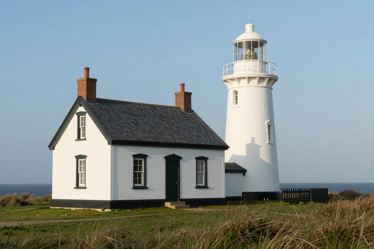 White lighthouse and keeper's cottage stand on a grassy coastal headland under a clear pale morning sky