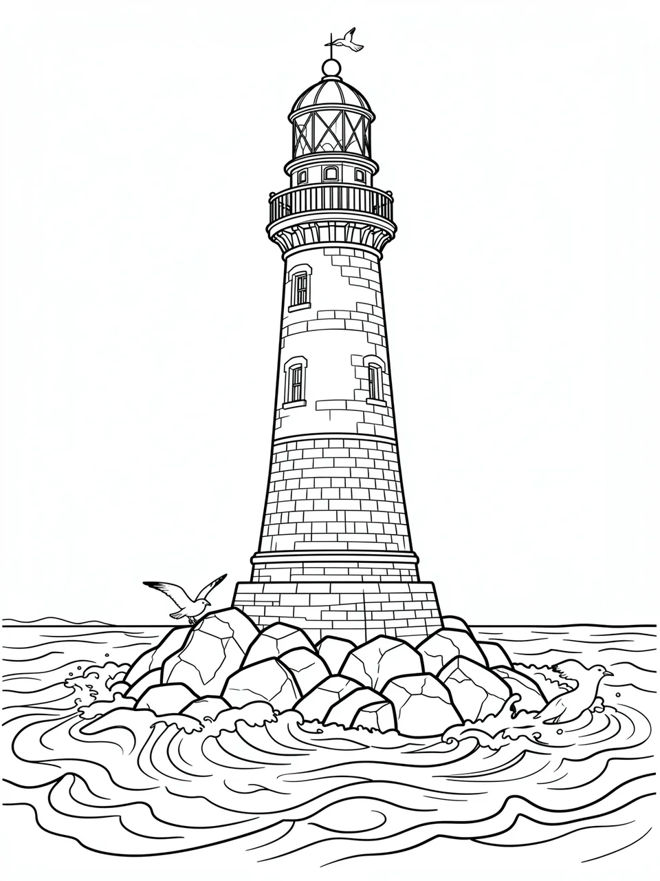 Black and white line art of a lighthouse on rocky shore with waves and seagulls for coloring