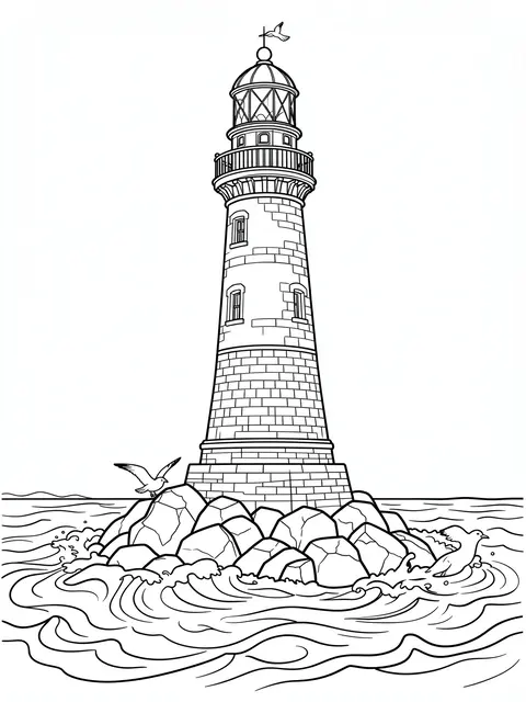 Black and white line art of a lighthouse on rocky shore with waves and seagulls for coloring