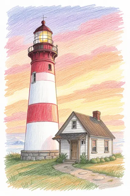 Colored pencil drawing of a red and white lighthouse next to a small cottage at a pastel sunset