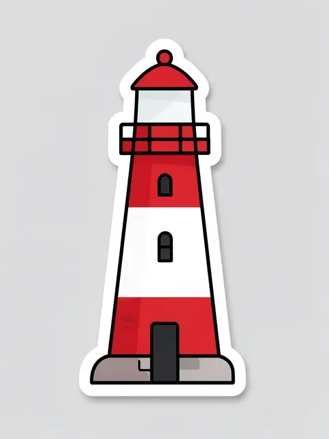 Cute flat illustration lighthouse sticker with thick white border on light gray background