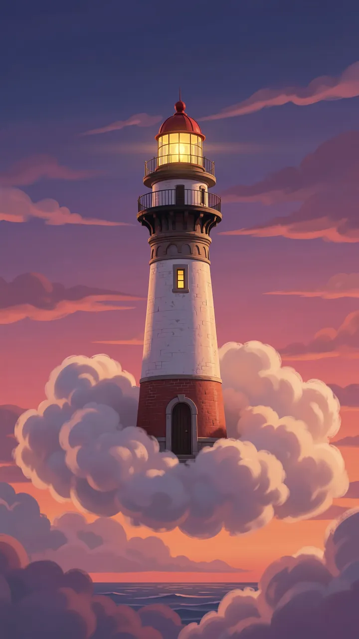 A glowing lighthouse perched atop fluffy clouds against a gradient purple and orange dusk sky above the ocean