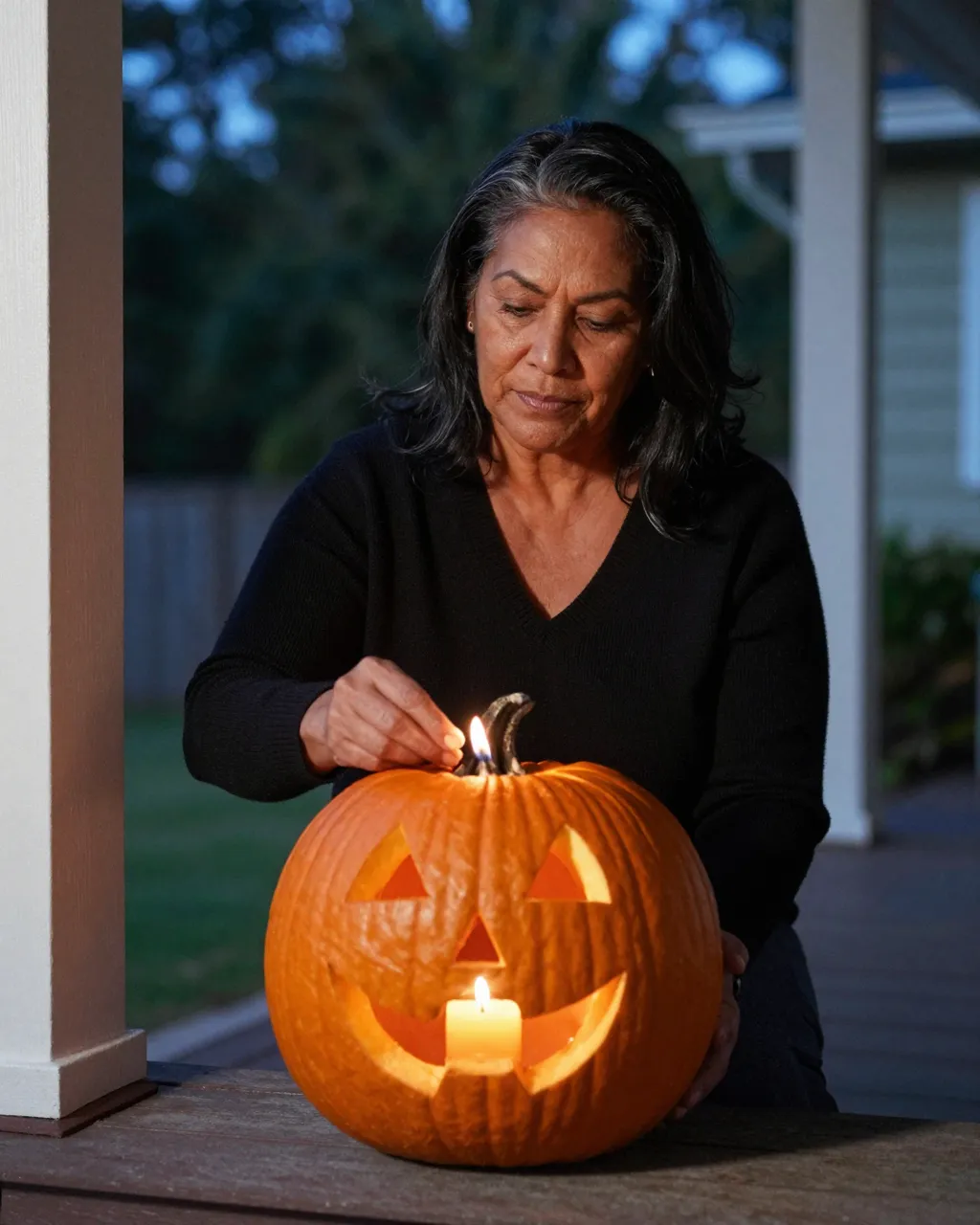 A mature woman lights the candle inside a carved jack-o'-lantern on a home porch at dusk
