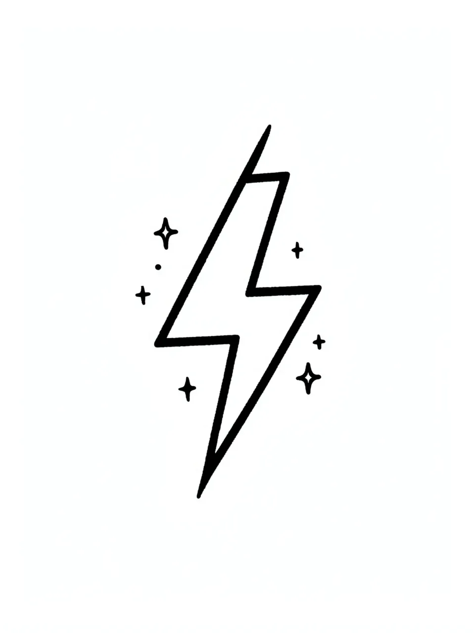 Bold black outline lightning bolt with small sparkles on a plain white background