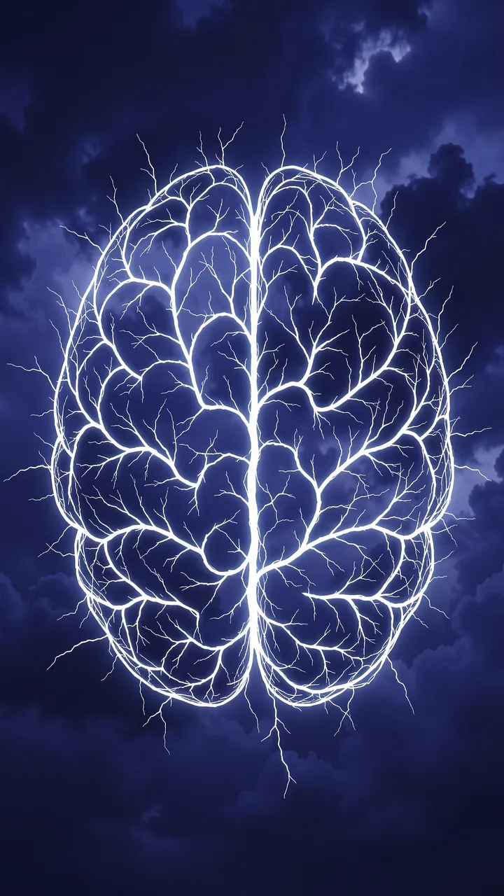 Glowing white lightning forms the shape of a brain against a dark indigo storm cloud sky