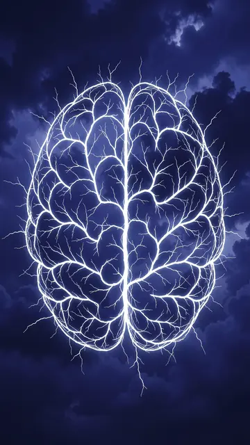 Glowing white lightning forms the shape of a brain against a dark indigo storm cloud sky