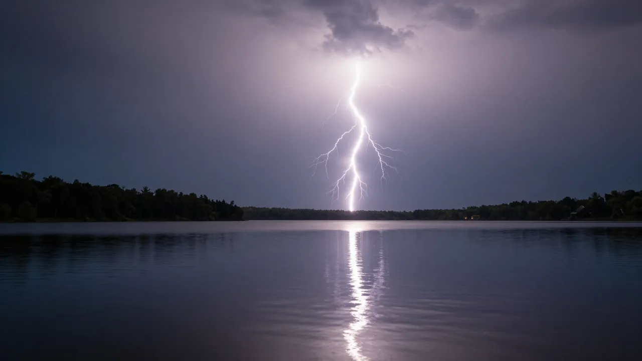 Bright lightning bolt strikes above a still lake, its glowing reflection stretching across the calm water under a stormy