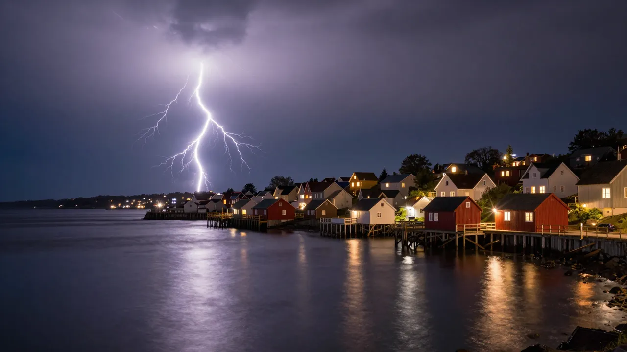 Bright lightning strikes above a lit stilted harbor town reflected in calm dark bay water at night