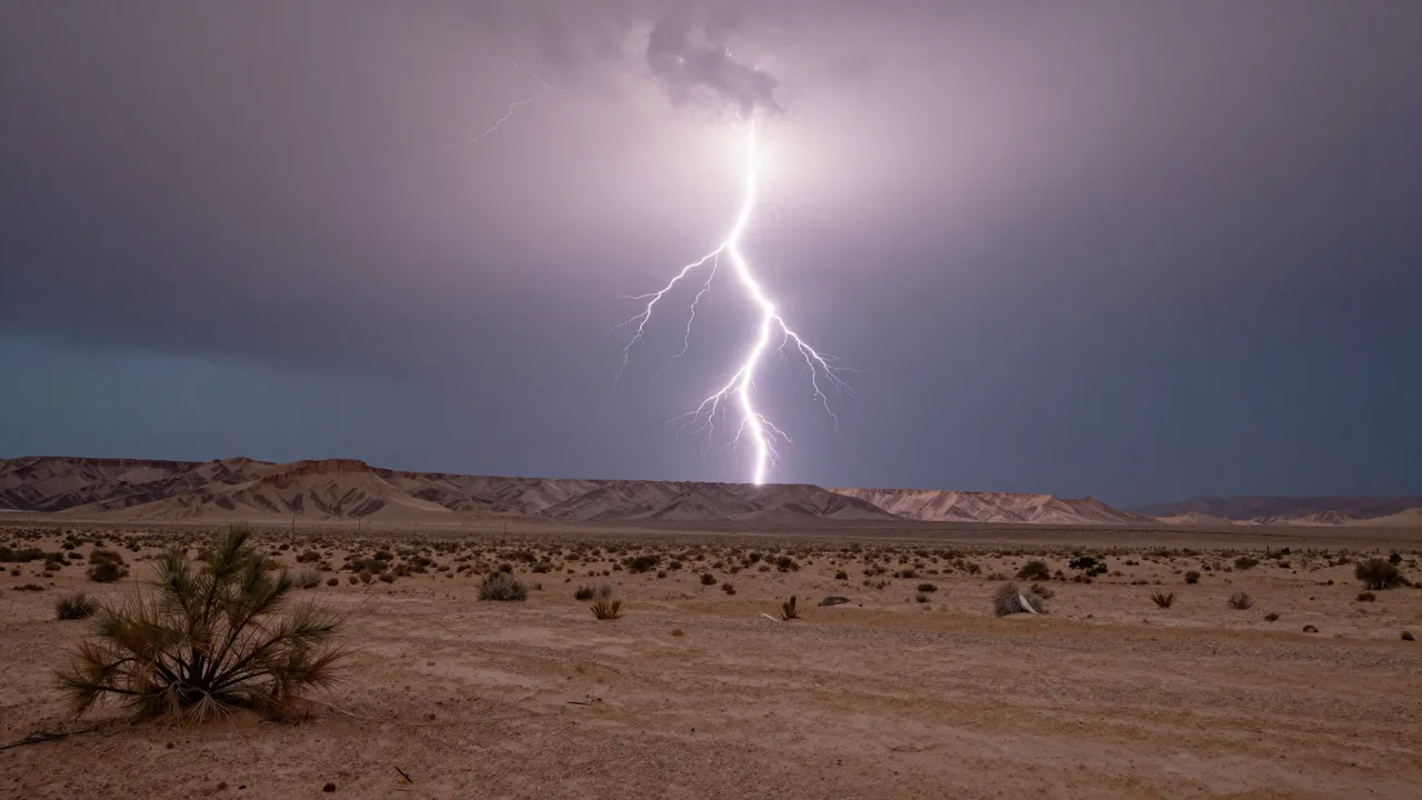 Bright lightning bolt strikes against a dark storm sky above an arid desert mesa landscape