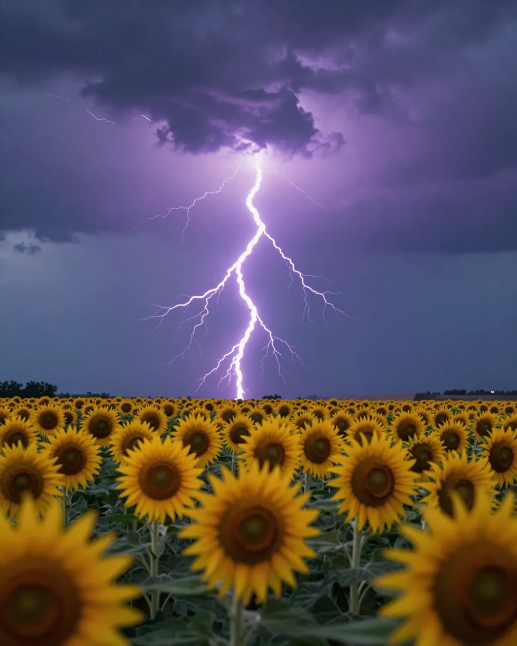 Bright purple lightning strikes behind a dense sunflower field under dark storm clouds at dusk