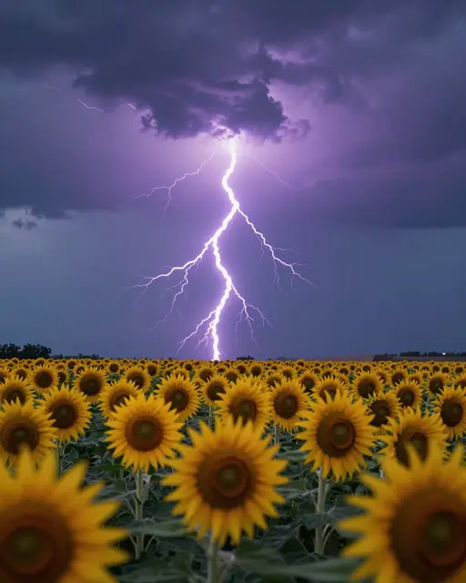 Bright purple lightning strikes behind a dense sunflower field under dark storm clouds at dusk