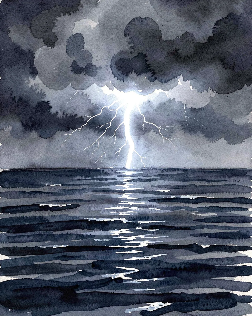 A single bright lightning bolt strikes from storm clouds across a dark rippled sea with a glowing reflection