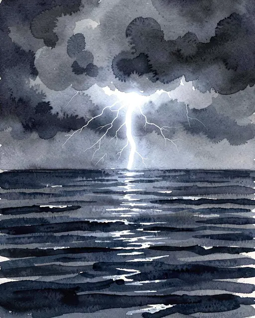 A single bright lightning bolt strikes from storm clouds across a dark rippled sea with a glowing reflection
