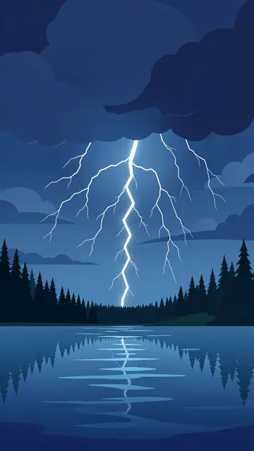 Bright lightning cuts through dark storm clouds above a pine forest and calm reflective lake