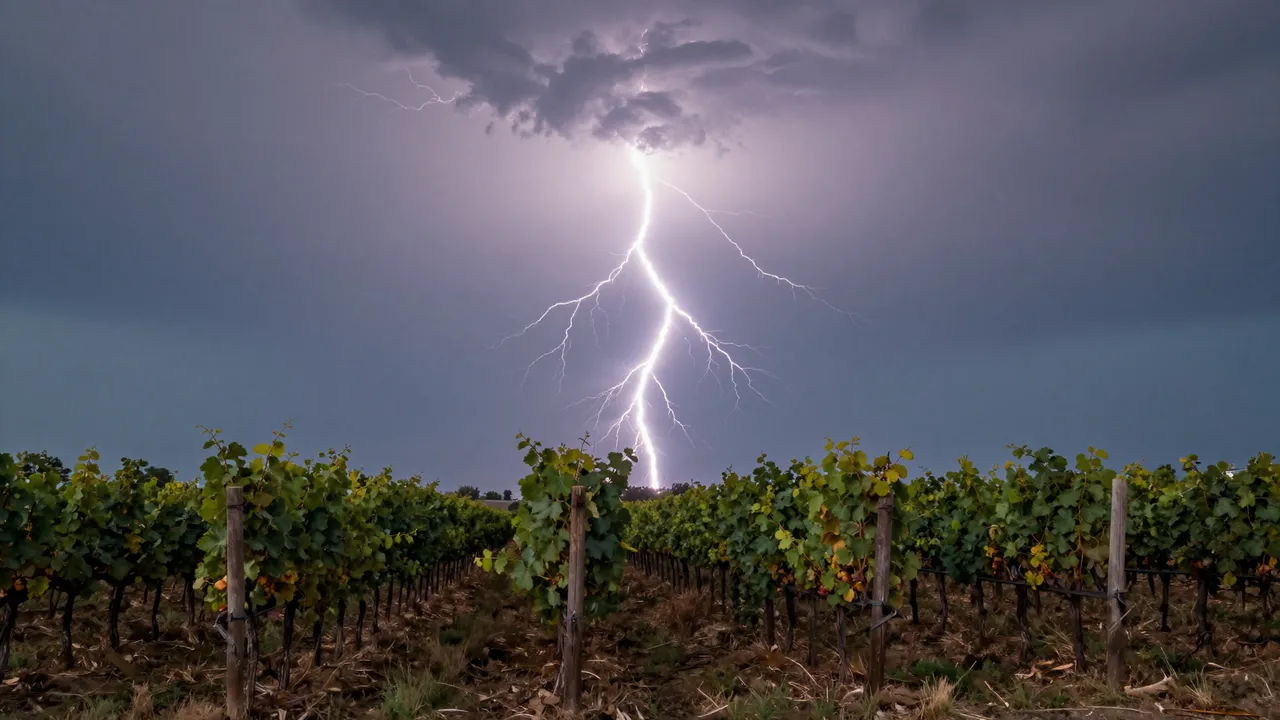 Bright lightning strikes through dark storm clouds above orderly grape vine rows at dusk