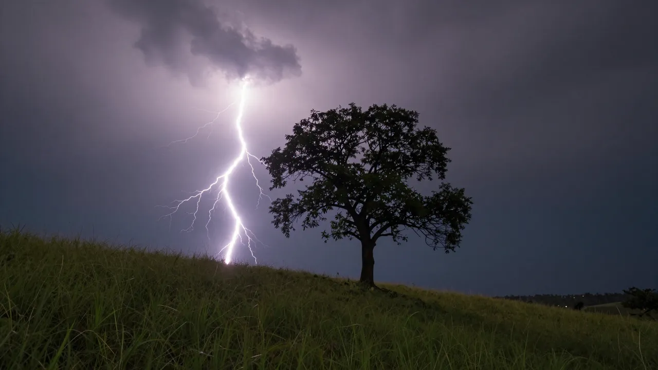 Bright lightning illuminates a stormy night sky beside a lone tree on a grassy hill