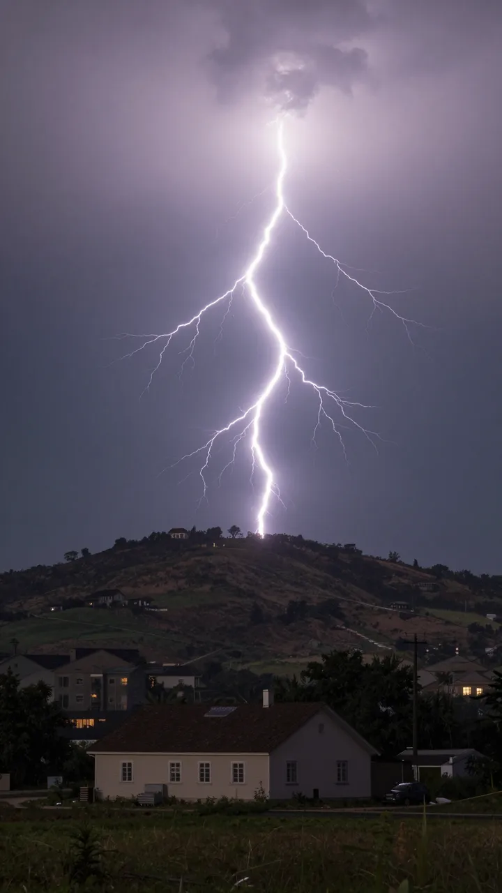 Bright jagged lightning bolt strikes a distant hilltop above a residential house during a night thunderstorm