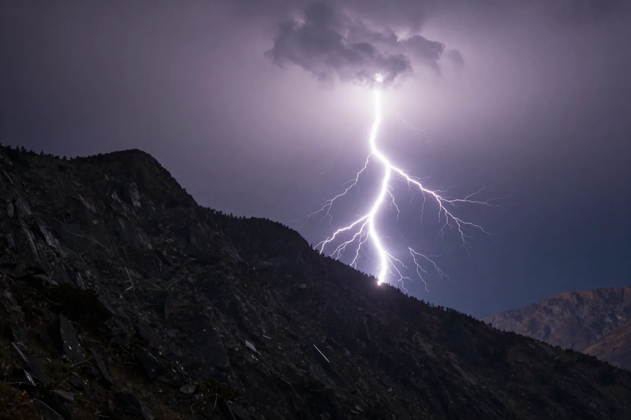 Bright jagged lightning bolts strike a rocky mountain ridge under a dark stormy night sky