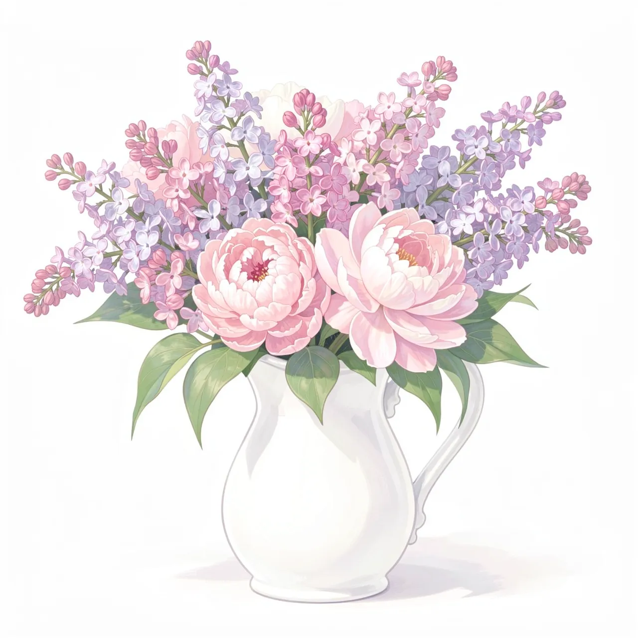 Soft pastel illustration of lilacs and pink peonies arranged in a white pitcher against a plain white background
