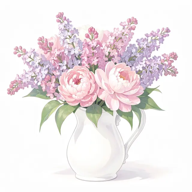 Soft pastel illustration of lilacs and pink peonies arranged in a white pitcher against a plain white background