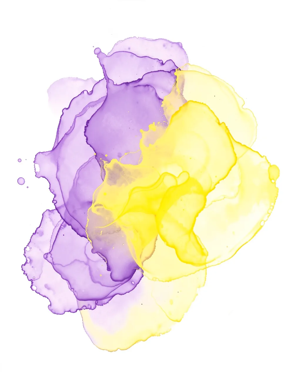 Soft spreading lilac and lemon yellow alcohol ink blobs overlap on a plain white background