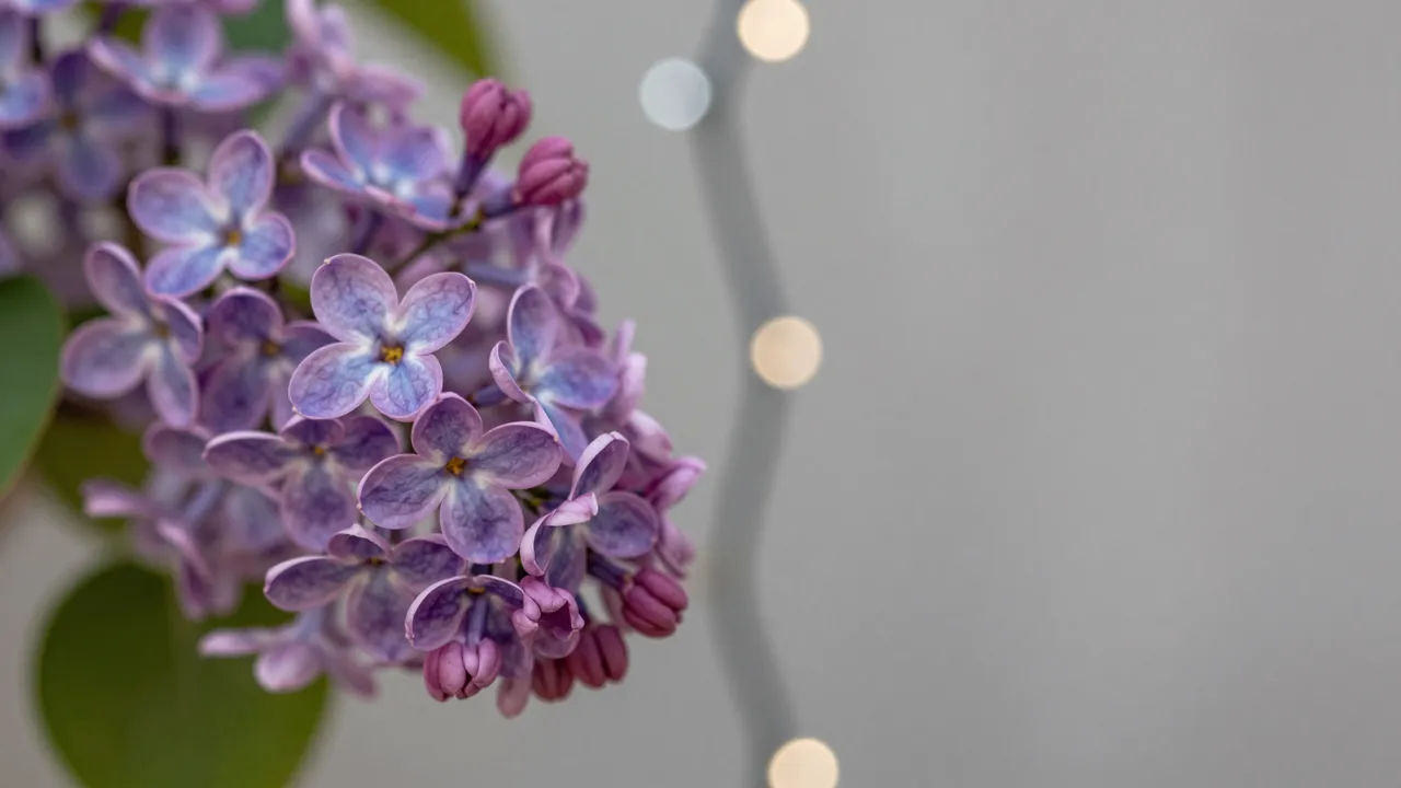 Sharp lilac flower cluster sits to the left with soft silver and warm bokeh lights on a pale gray background, leaving empty