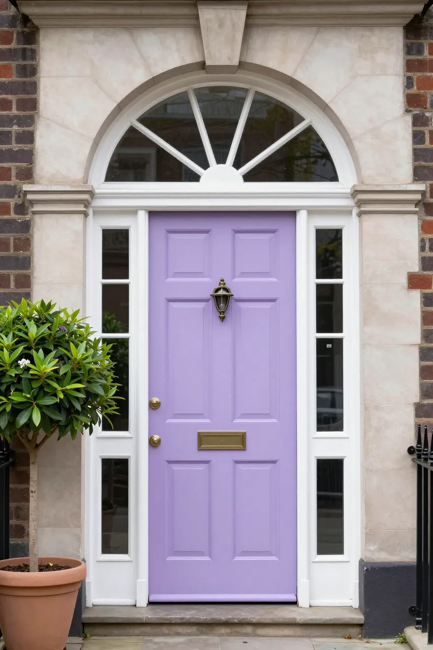 A pale lilac paneled front door with fanlight window sits beside a potted topiary tree at a residential entryway.