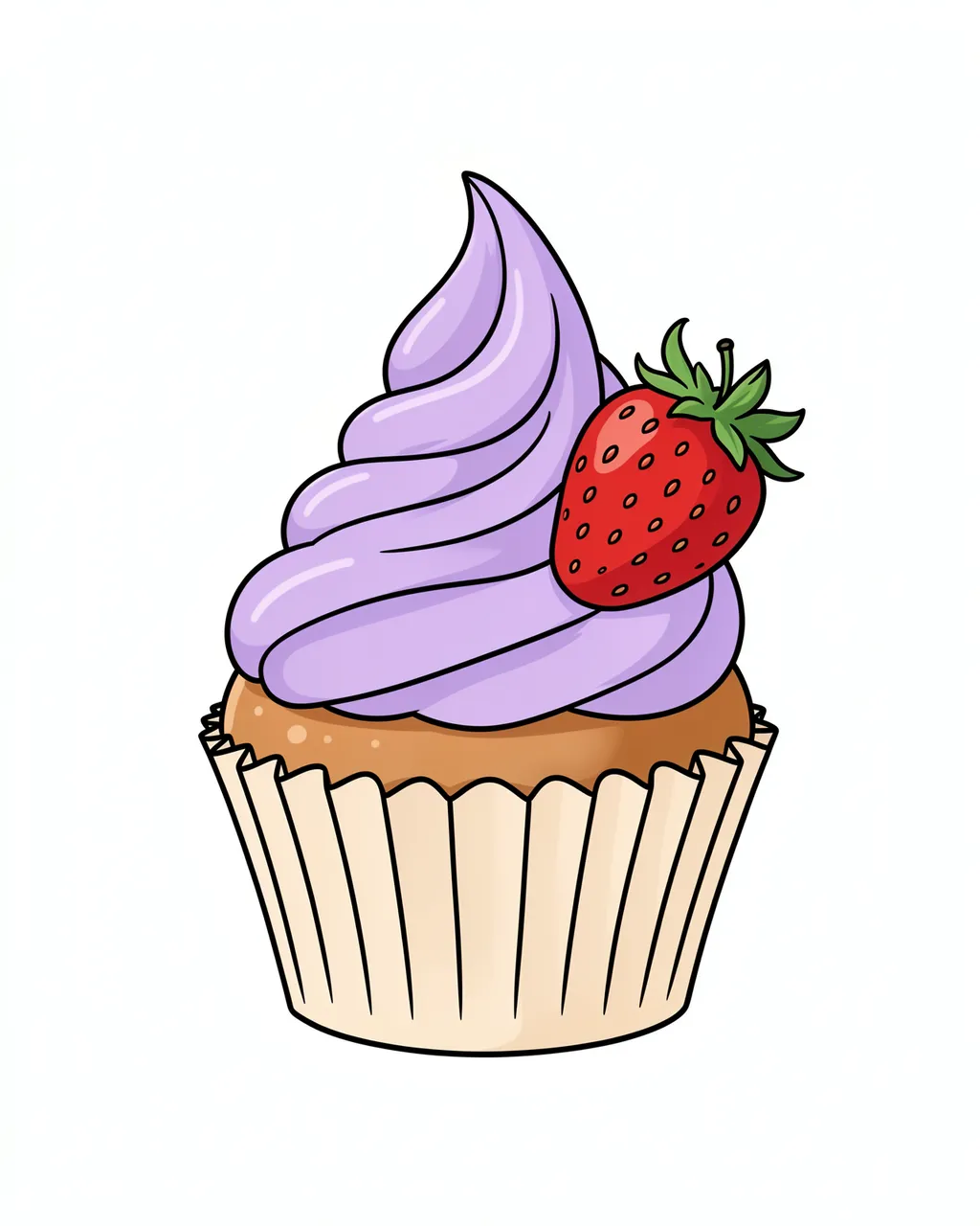 A simple cartoon line art cupcake with lilac swirl frosting topped with a whole strawberry, on a plain white background